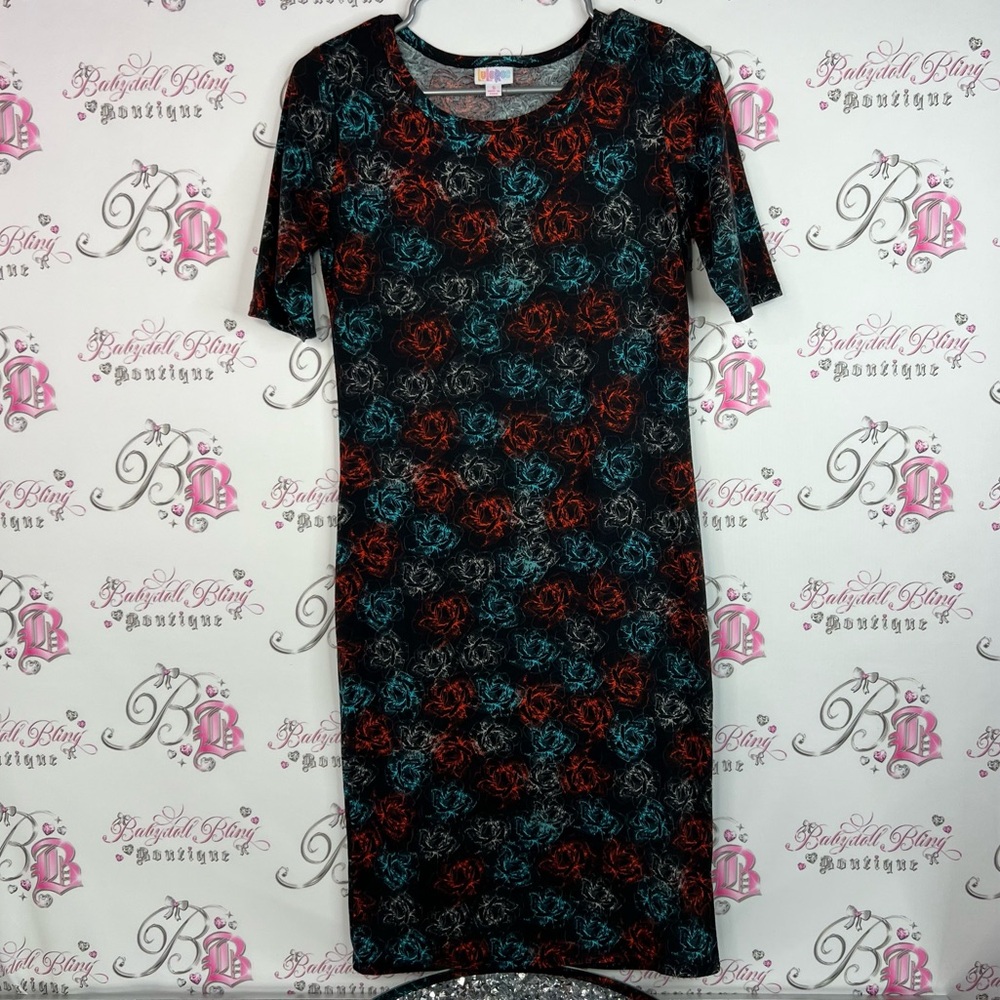 LuLaRoe dress roses pattern flowers Black Dress with Red Blue Floral Pattern